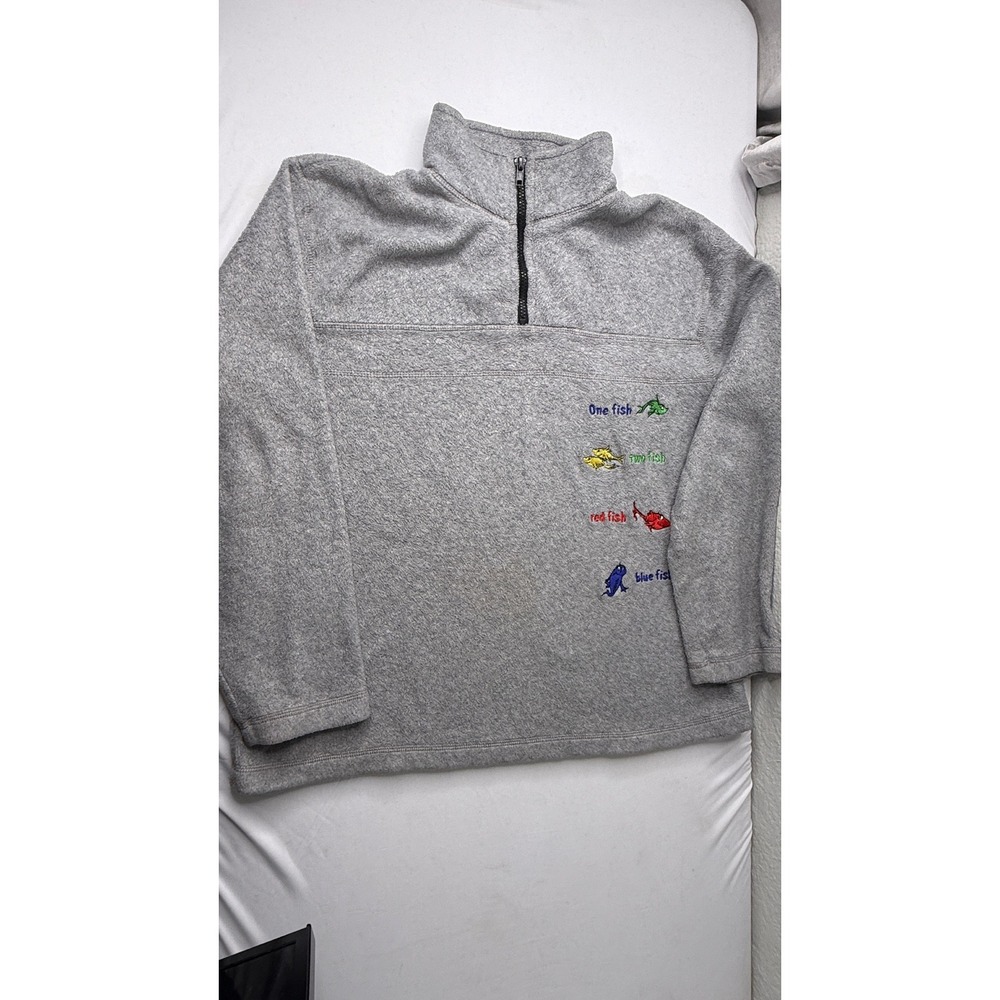 Dr Seuss One Fish Two Fish Fleece Quarter Zip Pullover Gray Vintage XL
